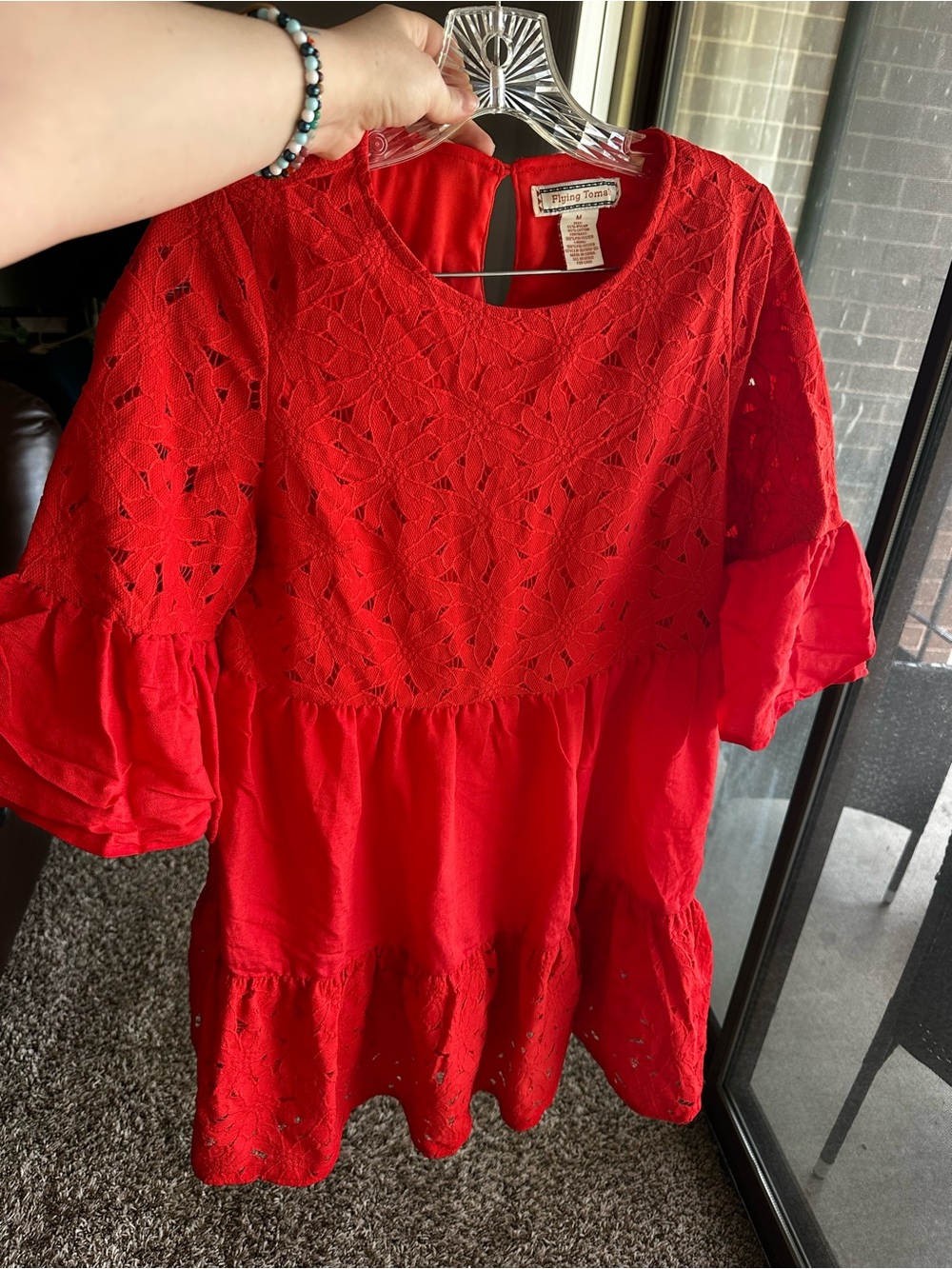 Flying Tomato Red Eyelet Lace Tiered Mini Dress